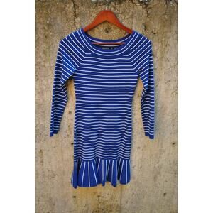 Karen Millen Navy Blue Striped Knit Dress with Pleated Hem – Size XS